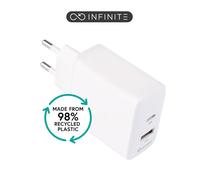 INFINITE Cargador USB-C 20W PD + USB-A 12W QC3.0, Enchufe UE, Blanco, Carcasa de 98% Plástico Reciclado