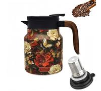 Infinite Tea Pot with Infuser, Vintage Floral Pattern Tea vacuum bottle - Built-in Infuser, 316 Stainless Steel Household Teapot with Large Capacity for Hot Drinks (Red Flower,Wood)