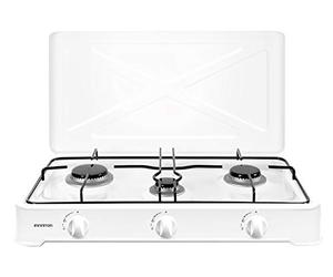 INFINITON | Cocina de Gas Portatil GGP-3B | 60cm de Ancho | Hornillo a Gas | Quemadores desmontables | 3 Fuegos | Portatil | Apoyo antideslizante | Color Blanco