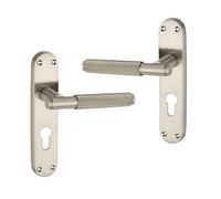 Infinity Decor Juego de manijas de puerta de paso de níquel satinado moleteadas con placa trasera, 185 mm x 45 mm, apto para todas las puertas internas y externas