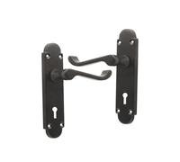 Infinity Decor Pomo de puerta curvado victoriano en placa trasera semicircular, acabado negro mate, apto para puertas interiores y exteriores