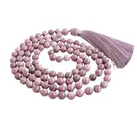 INFINITY GEMS Collar natural AAA Lepidolita Mala 108 Mala Collar Yoga Mano 8 mm Anudado Collar Largo 108 Perlas Mala Perlas Sanación Japa Mala