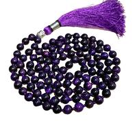 INFINITY GEMS Collar natural AAA púrpura ojo de tigre 108 Mala | Mala | 108 cuentas de oración Mala | Pulsera mala anudada a mano | Japa Mala | Perlas redondas de 8 mm | borla de meditación