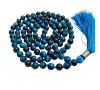 INFINITY GEMS Cuentas AAA naturales de ojo de tigre azul Mala | Collar Mala 108 | Mala anudada de 8 mm | Collar de borla | Meditación Japa Mala