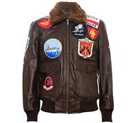 Infinity Leather Chaqueta Bomber para Hombre de Cuero Marrón con Cuello de Piel de Oveja y Parches Estilo Top Gun Air Force A2 Flight S
