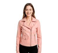 Infinity Leather Chaqueta Clásica de Motociclista de Cuero Rosa Bebé Para Mujer de Brando Moto