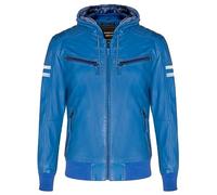 Infinity Leather Chaqueta de bombardero Azul con cremallera informal retro con capucha vintage de cuero para hombre