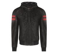 Infinity Leather Chaqueta de bombardero Negro con cremallera informal retro con capucha vintage de cuero para hombre