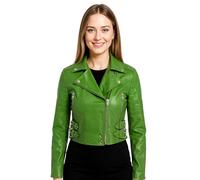 Infinity Leather Chaqueta de Cuero Auténtico Estilo Motero, Estilo Gótico, Corta y Verde Manzana, Para Mujer