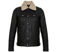 Infinity Leather Chaqueta Hombre de Cuero Negro con Cuello Extraíble de Piel de Oveja Estilo Abrigo Casual L