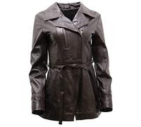 Infinity Leather Chaqueta Motera Larga de Cuero Marrón Nappa Para Mujer Con Correa 10