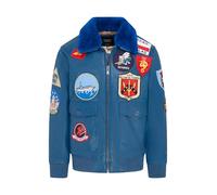 Infinity Leather Hombres Azul Air Force A2 Cazadora bomber de piel con cuello de piel de oveja y parches