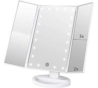 Infitrans Espejo con luz, espejos de mesa con pantalla táctil Tri-Fold, aumento de 1 x / 2 x / 3 X y cargador USB o inalámbrico, luz LED ajustable de 180 ° para el banco de viaje (blanco)