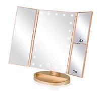 Infitrans Espejo Tocador Plegable con Luz, Espejos de Mesa con Pantalla Táctil Tri-Fold, Aumento 1x, 2x, 3x y Cargador USB o Inalámbrico, Luz LED Ajustable a 180° para el Banco de Viaje (Dorado)
