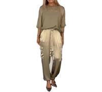 INFORMPOT Conjunto de camiseta y pantalones de satén suave para mujer, conjunto de dos piezas de satén de verano para mujer, conjunto de descanso, caqui, S
