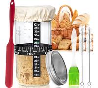 INFTYLE Kit de tarros de masa madre para pan de 34 onzas, tarro de vidrio de gran capacidad con banda de alimentación marcada con fecha, termómetro, cubierta de tela y tapa de metal, suministros