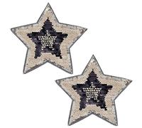 INFUNLY 2 apliques de lentejuelas de estrella, 8,6 x 8,6 cm, estrella, bordado con perlas, color negro y dorado, con purpurina, para ropa, parche de bricolaje, para sombrero, chaqueta