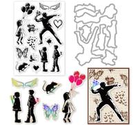 INFUNLY 2 piezas globo flores sellos y muere para hacer tarjetas banksy calle arte sellos transparentes amor paz sellos transparentes marco muriendo cortes para bricolaje scrapbooking