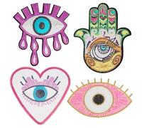 INFUNLY 4 parches bordados de ojos malvados grandes con diseño de ojo malvado, corazón, lentejuelas, parches de ojo malvado, parches de diamantes de imitación, parches de reparación de costura,