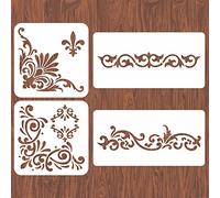 INFUNLY 4 plantillas de esquina para pintar flores con borde cuadrado de pared, plantilla de azulejos de patrón grande, plantilla reutilizable para manualidades, tela, suelo