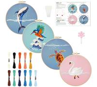 INFUNLY Juego de 4 juegos de bordado de ballena para principiantes, punto de cruz, kit de iniciación con instrucciones para adultos, juego de agujas de bordar con patrón de animales, marco de