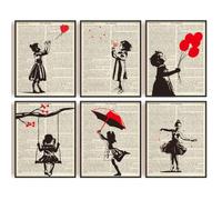 INFUNLY Juego de 6 impresiones artísticas de pared "Banksy Girl", sin enmarcar, póster de graffiti con globo rojo, 8 x 10, pinturas abstractas modernas en lienzo en negro y gris para salón,