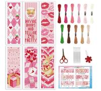 INFUNLY Juego de 6 marcapáginas de punto de cruz rosa, kit de punto de cruz de fresa, kit de marcapáginas de bordado preimpreso con estampado de conejo con instrucciones para principiantes, adultos