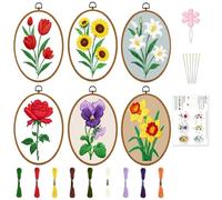 INFUNLY Paquete de 6 kits de bordado de forma elíptica para principiantes, flores, kits de bordado para adultos, juego de punto de aguja con estampado de rosas de girasol con instrucciones paso a paso