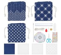 INFUNLY Sashiko Juego de 3 bolsas con cordón Sashiko DIY bolsas de la compra Juego de flores Sashiko Tela Sashiko Set para principiantes Haga su propia bolsa de la compra Sashiko hilo y agujas Juego