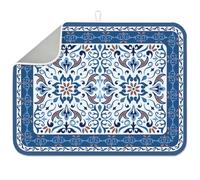 INFUNLY Tapete de secado de platos marroquí de 17.7 x 23.6 pulgadas, almohadilla absorbente de azulejos florales vintage, azul y marrón, tapete de secado de azulejos geométricos, almohadilla