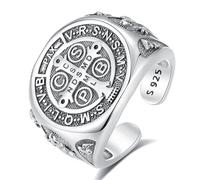 INFUSEU Anillo San Benito, Plata de Ley 925 Religioso Católico Cristiano Exorcismo Anillo Hombre Caballeros Templarios Medalla Cristiana Cruz Orden Protección Joyería para Mujer Hombre