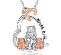 INFUSEU Collar Corazón Familiar Colgante Animal De Plata De Ley 925 Madre Oso y Dos Hijos Mama Bear Joyería Moda para Día De La Madre Original Regalo para para Mama Abuela