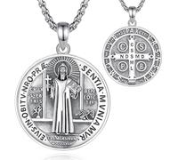 INFUSEU Collar de San Benito, Plata de Ley 925 Medalla Colgante Patrono Joyería Protección Religiosa Cristiana Divina Amuleto Doble Uso Regalos para Hombres