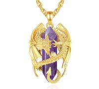 INFUSEU Collar Dragón Cristal Amatista Nórdica, Colgante Hexagonal 18K Oro, Joyería Gótica Curativa, Regalo Natural para Hombres y Mujeres