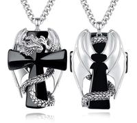 INFUSEU Collar Dragón Cristal, Colgante Cruz de Obsidiana Nórdica Hexagonal, Joyería Gótica Curativa, Regalo Natural para Hombres Mujeres