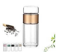 Infusor de vidrio Tryteava, infusor de té de vidrio de doble capa con filtro y tapa, taza separadora de té con colador for hojas sueltas, diseño giratorio.(Gold,420ML)