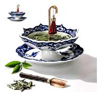 Infusore da tè a forma di ombrello, Filtro in ceramica blu e bianco per tè sfuso con base, Diffusore in stile orientale per la preparazione del tè (Celadon Set)