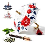Infusore da tè a forma di ombrello, Filtro in ceramica blu e bianco per tè sfuso con base, Diffusore in stile orientale per la preparazione del tè (Peony)
