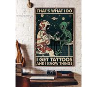 Inga Póster de tatuaje de alienígena y astronauta póster del espacio exterior de la pared del extranjero divertido regalo carteles de metal 20,3 x 30,5 cm