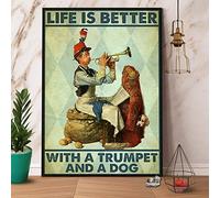 Inga Póster de trompeta con texto "Life Is Better With A Trumpet And A Dog" de papel vintage para decoración de pared, placa de metal de 20,3 x 30,4 cm