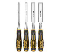 INGCO Cincel para madera 4 cinceles 6/12/19/25MM 1/4",1/2",3/4" y 1" Juego de cinceles para madera de acero al cromo vanadio mangos de madera HKTWC0401