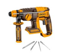 INGCO Martillo perforador rotativo SDS-Plus de iones de litio de 20V (solo cuerpo) con motor sin escobillas, perilla de ajuste de función 4 en 1, 2,0J, 5400 BPM, 1100 RPM, 3 brocas y 1 cincel
