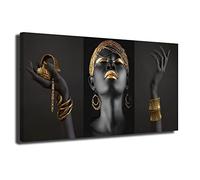 INGENIA HOME Cuadro Lienzo Canvas Chica Africana Maquillaje Dorado y Manos Negras con Joyas Doradas - Alta resolución - Varias Medidas (190_x_95_cm)