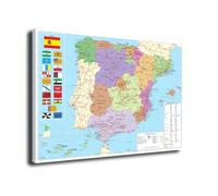 INGENIA HOME Cuadro lienzo canvas Mapa de España Político con Banderas de cada Comunidad y leyenda en español educativo escolar - Alta resolución - Varias medidas (60_x_40_cm)