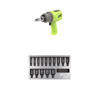 Ingersoll-Rand 2236QTIMAX-G DXS2 Llave de Impacto Neumática, Silenciosa, 2034 Nm, Caja Martillo Titanio, Anillo Fricción, Verde + DXS2 Juego de vasos de impacto profundo métrico, 15 piezas, hexagonal