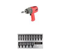 Ingersoll-Rand 2236QTIMAX-R DXS2 Llave de Impacto Neumática, Silenciosa, 2034 Nm, Caja Martillo Titanio, Anillo Fricción, Rojo + DXS2 Juego de vasos de impacto profundo métrico, 15 piezas, hexagonal