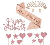 INGJIA 40 Años Corona Banda Cumpleaños Mujer Tiara Corona y Faja de Oro Rosa Cinturón de Cumpleaños Corona de Diamantes Topper per Torta di 40 Regalo Mujer Cumpleaños Decoración