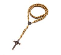 INGJIA Collar de Rosario con Cruz Católica, Cuentas de Oración de Madera Natural con Medalla Cruz Jesucristo San Benito, para Cristianos Católicos Comunión Religiosa, Bautismo, Misa, Biblia