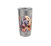 Inglés Cocker Spaniel perro verano flores silvestres Obra de arte Vaso térmico de acero inoxidable de doble pared