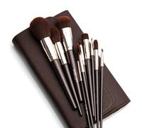 Inglot Juego de 10 brochas de maquillaje profesionales con funda, cerdas suaves, mangos de madera, marrón